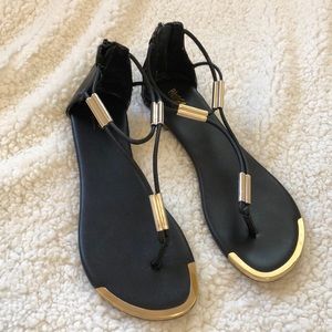 {Mossimo} Black sandals with gold accents